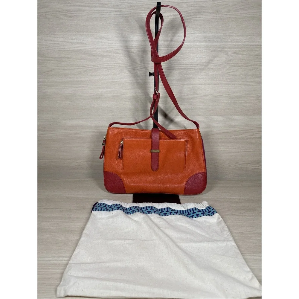 Tory Burch Pebbled Leather Crossbody Bag Orange Red Leather Gold Expandable